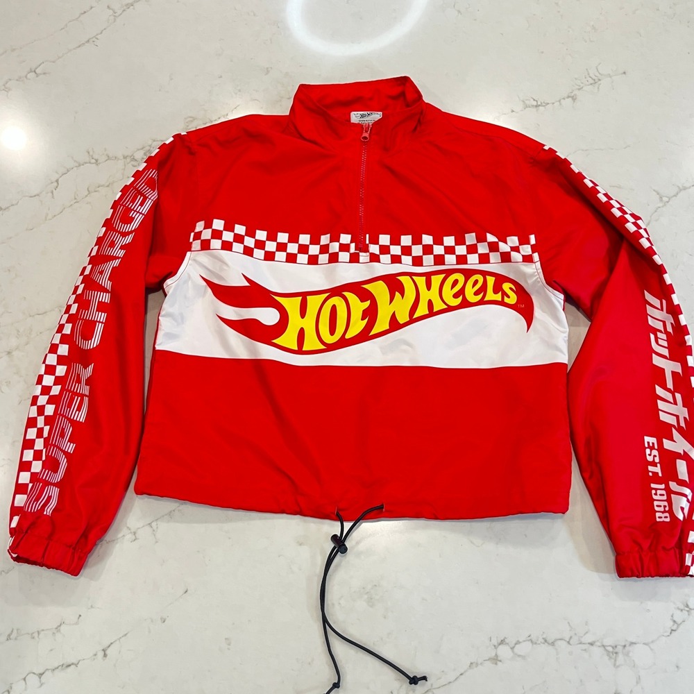 Hot Wheels Cropped Pullover Anorak Windbreaker Jacket Womens Small Red‎ Retro